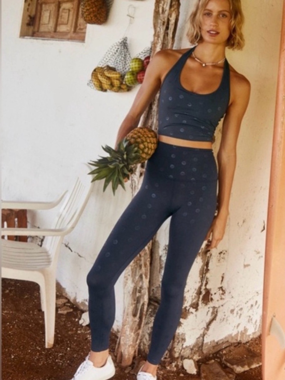 Beyond Yoga Navy Leggings with Shiny Silver Smiley Print | barre pilates lagree